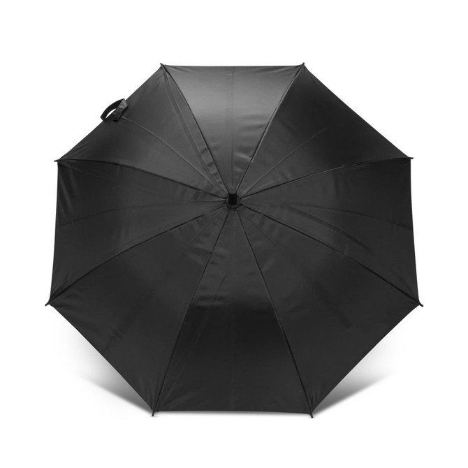 A black umbrella with a sleek design, featuring a handle and a smooth fabric surface.
