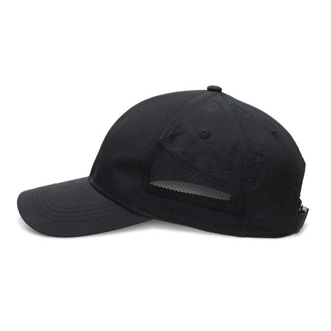 A black sports cap featuring a mesh panel and a logo. The cap has a curved brim and an adjustable strap.