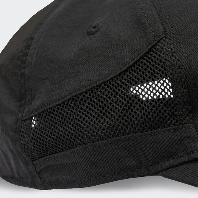 A black sports cap featuring mesh panels and a logo on the side. Suitable for active wear.