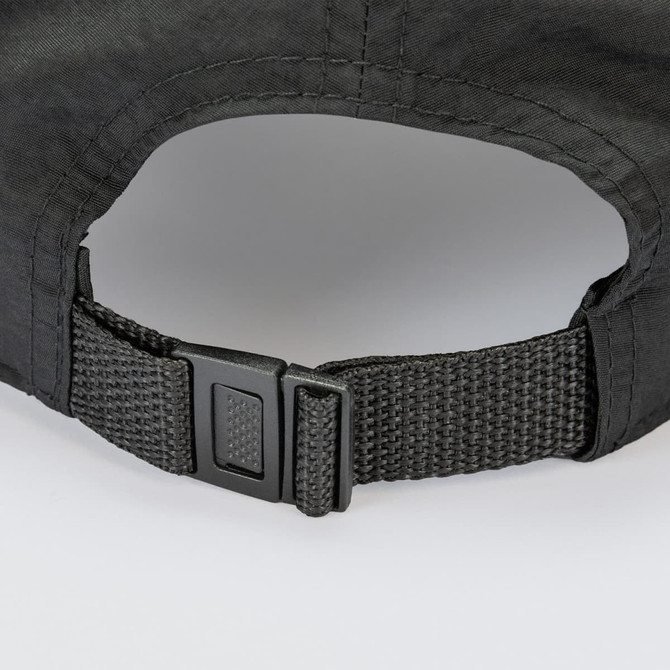 A black sports cap featuring an adjustable strap and a logo on the back.