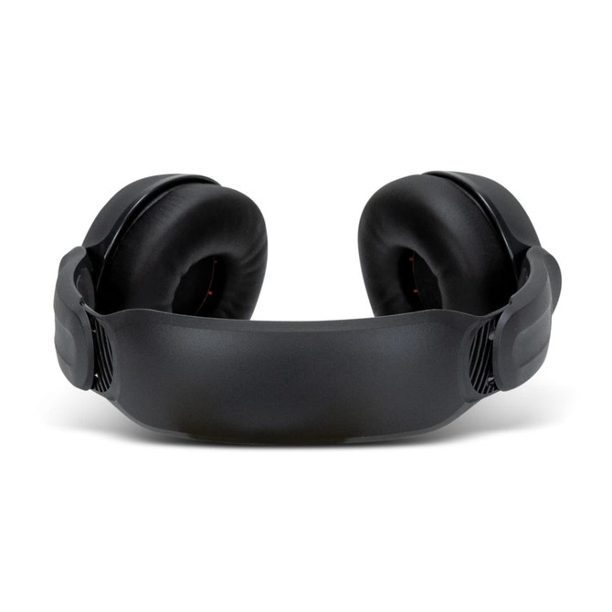 A pair of wireless headphones with a sleek black design, featuring cushioned ear cups and an adjustable headband.