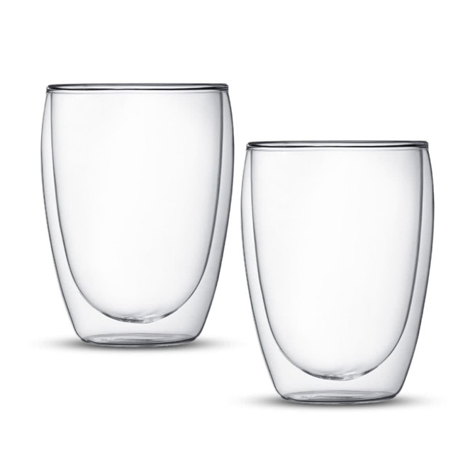 Two clear glass tumblers featuring a double wall design, offering an elegant and modern look.
