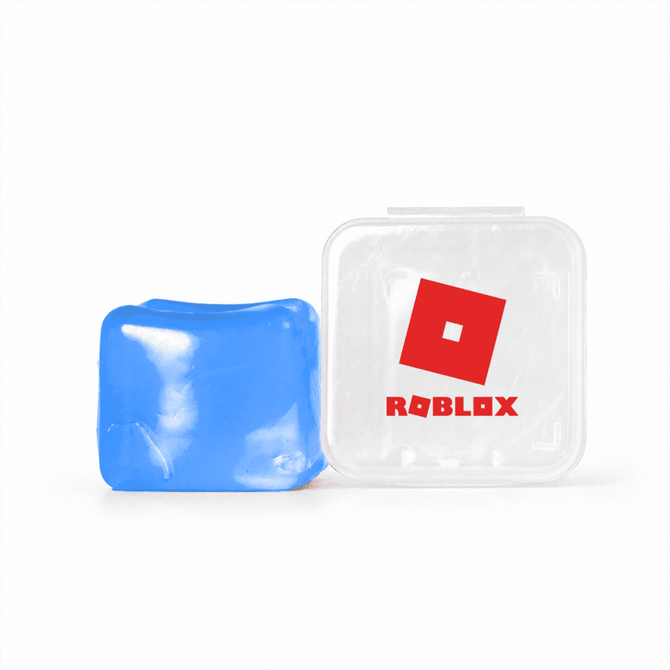 A blue jelly cube sensory toy inside a clear container with a red logo on the lid.