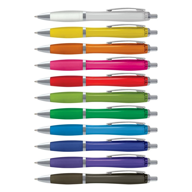 A collection of translucent plastic pens in various colours, featuring silver accents and clip designs.