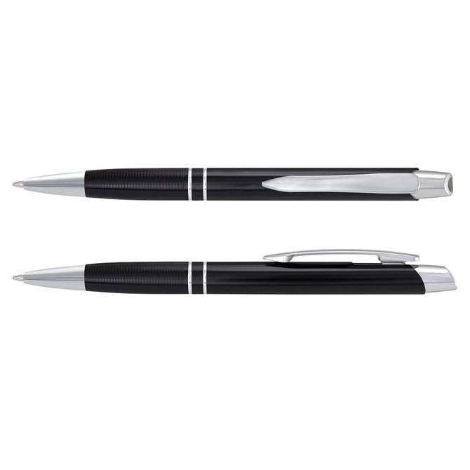 A black metal pen with chrome accents, featuring a sleek design and a clip on the side. It has a brand logo.
