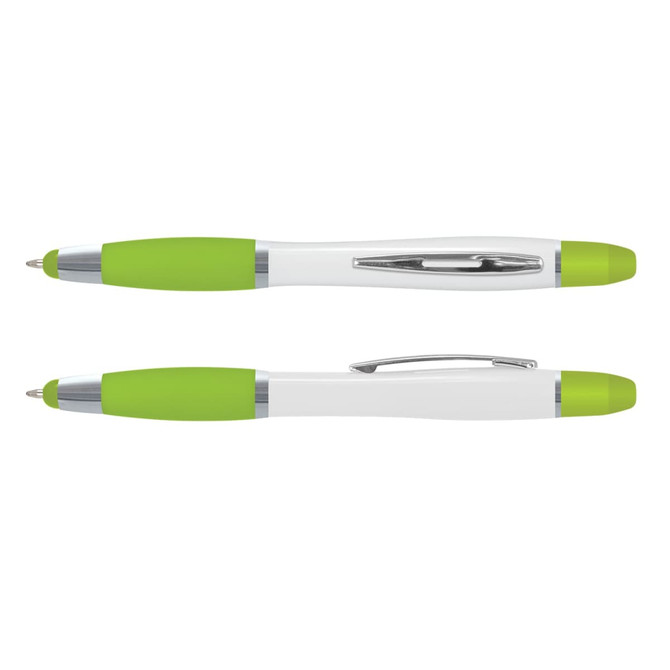 A multi-function pen featuring a white body with green grips and accents, alongside a clip and branding.