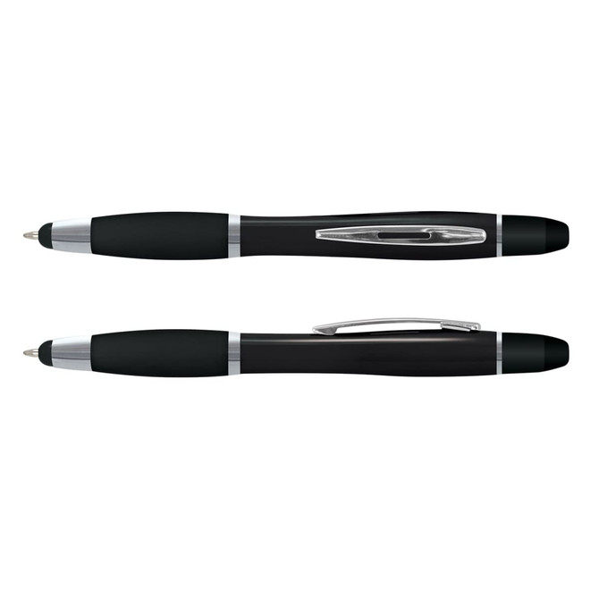 A multi-function pen in black with silver accents, featuring a sleek design and a branded logo.