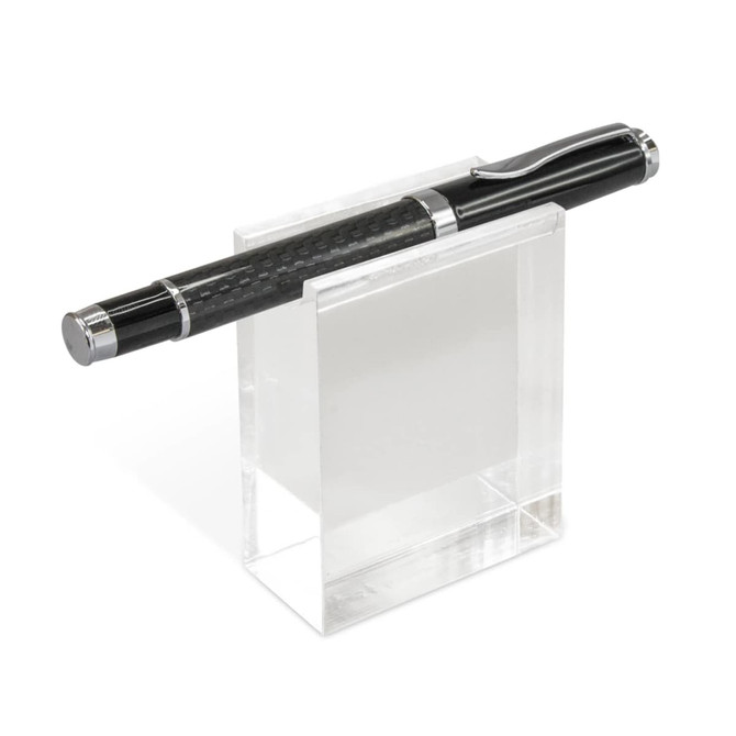 A black pen displayed on a clear acrylic stand, showcasing its sleek design. The stand is simple and modern.