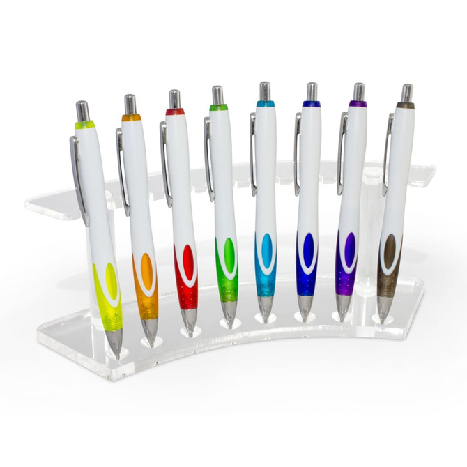 A display stand holds eight colourful pens with white bodies and silver clips, arranged in a row.