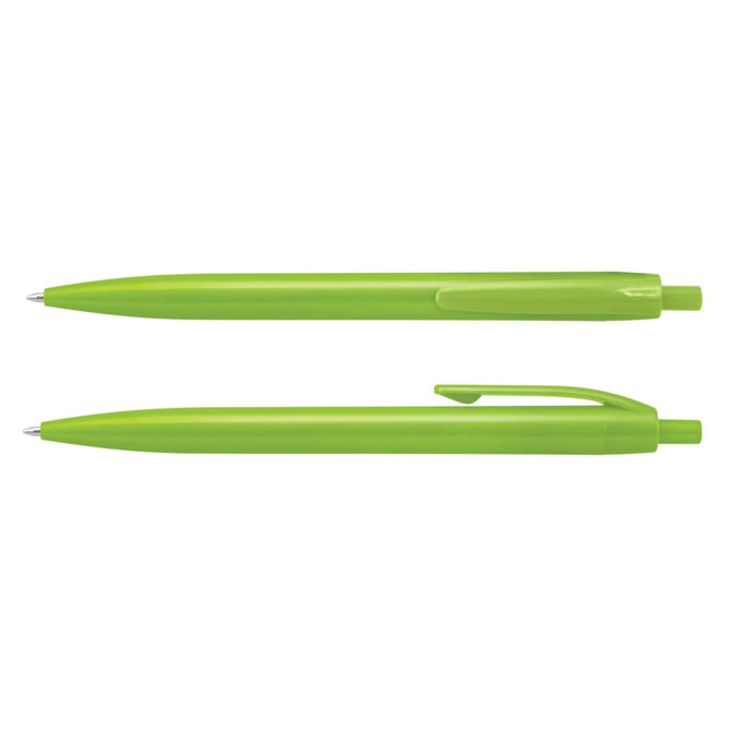 Two bright green plastic pens with a sleek design, featuring a clip on one and a smooth writing tip.