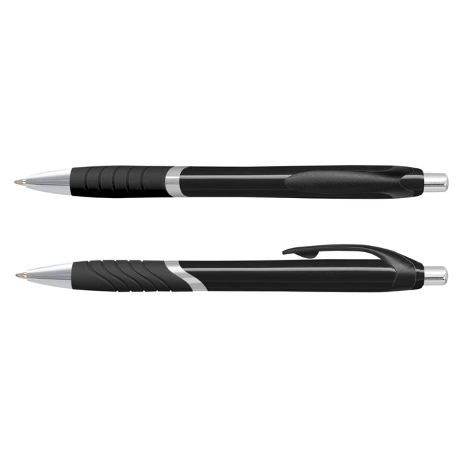 A set of two black plastic pens with coloured barrel accents and silver detailing. One pen features a grip section.