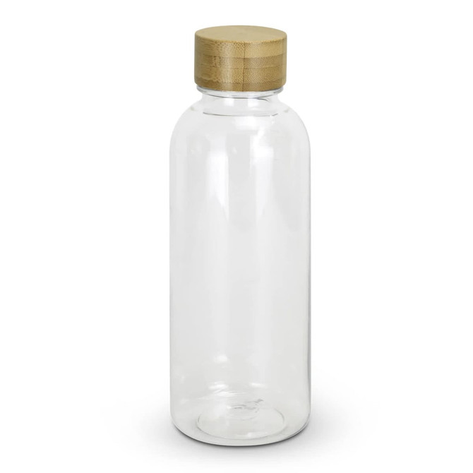 A drink bottle made of clear material with a wooden lid. It features a simple, sleek design.