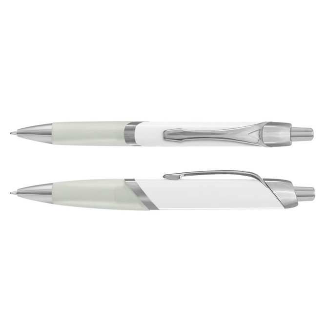 Two plastic pens, one in white with a green grip and the other with a similar design, featuring silver accents.