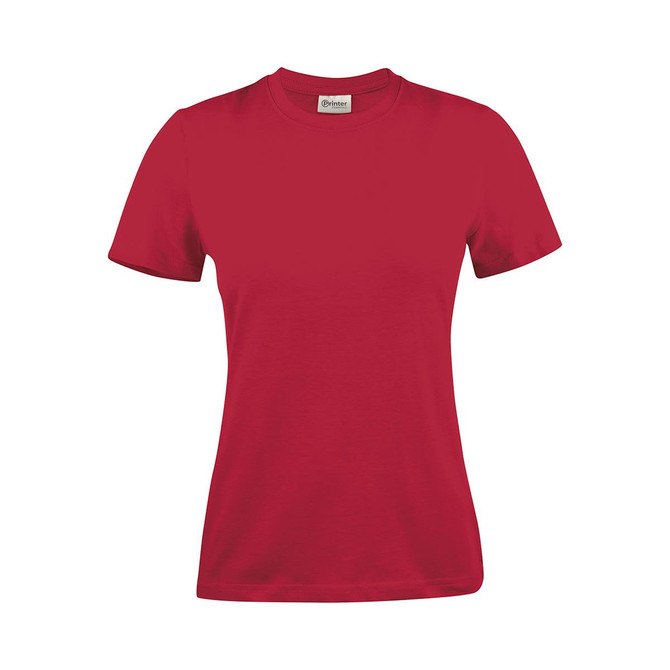 A women's red t-shirt with a round neckline and short sleeves. It features a logo on the tag.