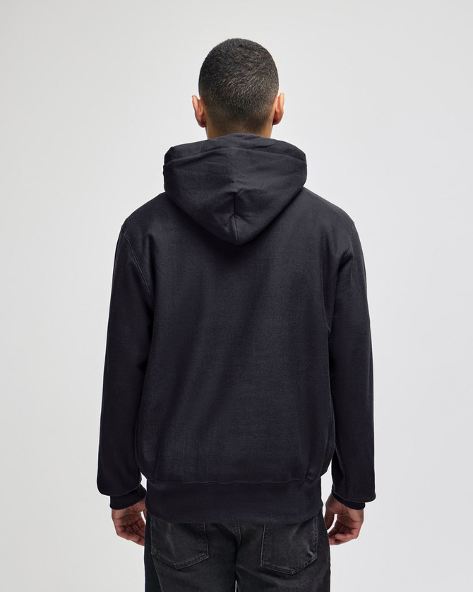 A black hooded sweatshirt with a kangaroo pocket, featuring a logo on the back, displayed from the rear.