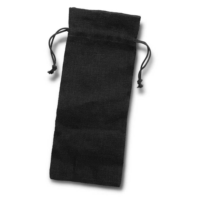 A black jute drawstring bag with two tied cords at the top and a simple design. It features a logo.