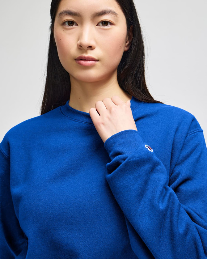 A blue crewneck sweatshirt worn by a model, featuring a logo on the sleeve. The fabric appears soft and comfortable.