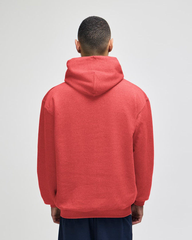 A red crewneck sweatshirt seen from the back, featuring a hood and a logo on the back.