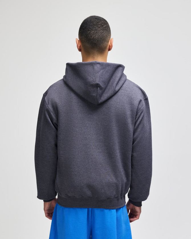 A grey adult crewneck sweatshirt with a hood, featuring a plain back view.