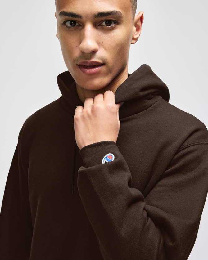 A brown pullover hooded sweatshirt featuring a logo on the sleeve. The model is wearing the hoodie.
