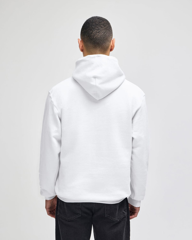 A white pullover hooded sweatshirt displayed from the back, featuring a hood and a relaxed fit.