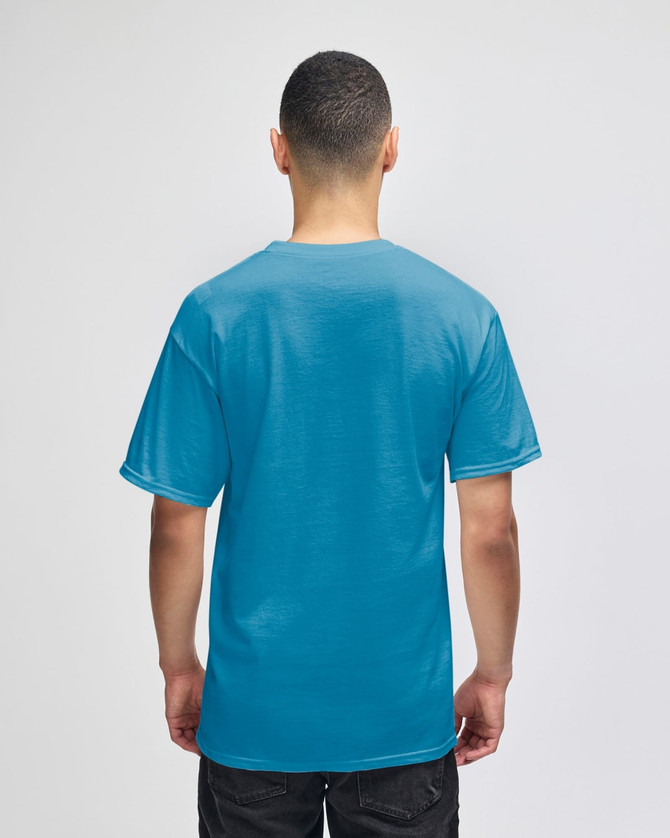 A men's short-sleeve t-shirt in a vibrant turquoise colour, featuring a logo on the back.