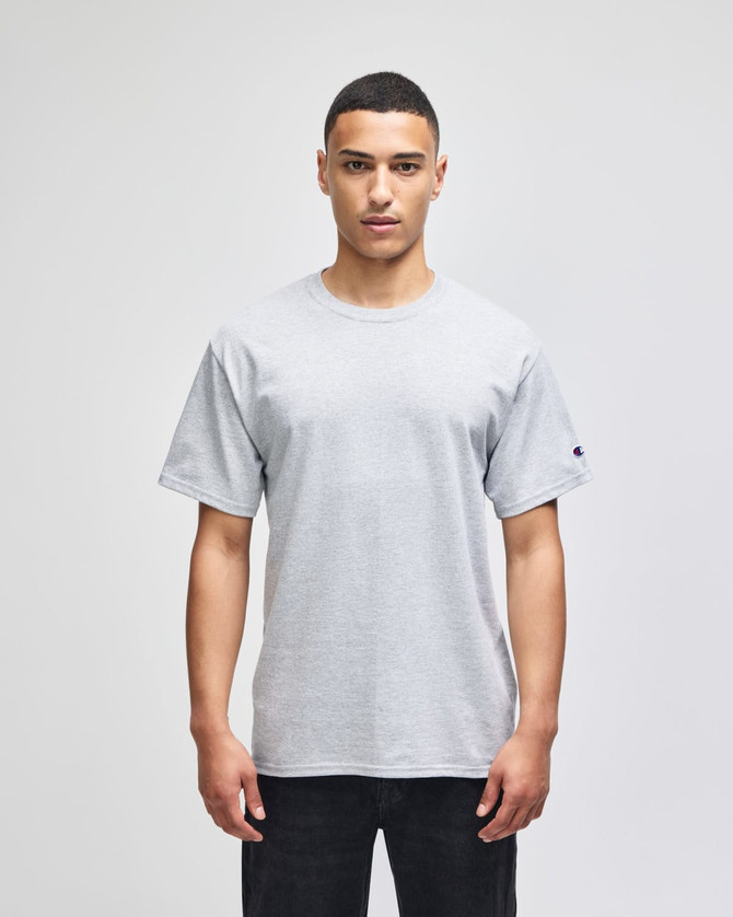 A grey adult short-sleeve t-shirt. The shirt features a logo on one sleeve.