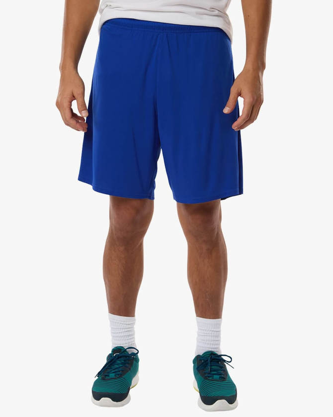 Men's performance shorts in bright blue, featuring an elastic waistband and a branding logo.