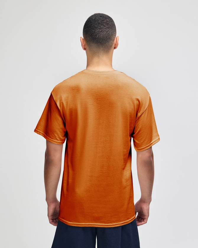 A back view of an adult jersey short sleeve T-shirt in orange, featuring a logo.