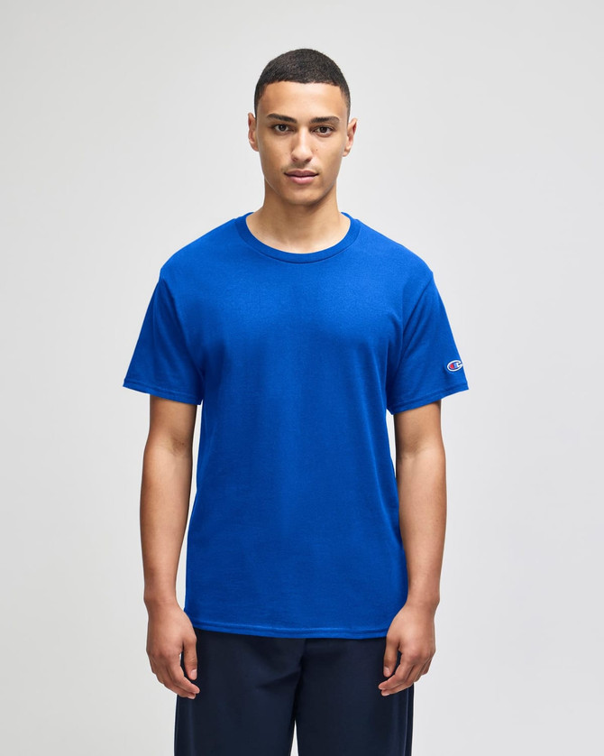 A blue short sleeve t-shirt featuring a logo on the sleeve.