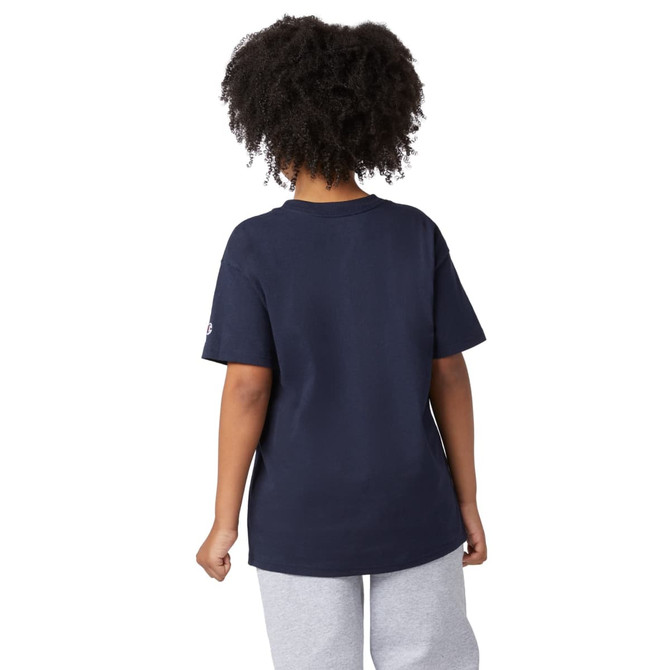 A navy short sleeve t-shirt featuring a logo on the sleeve, suitable for youths.