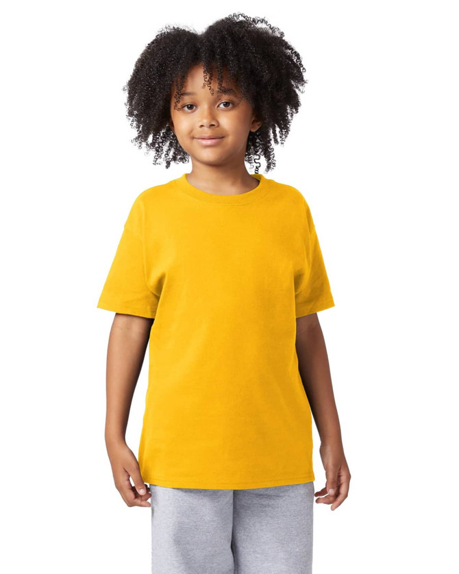 A short sleeve youth t-shirt in vibrant yellow, featuring a simple design and a logo on the front.