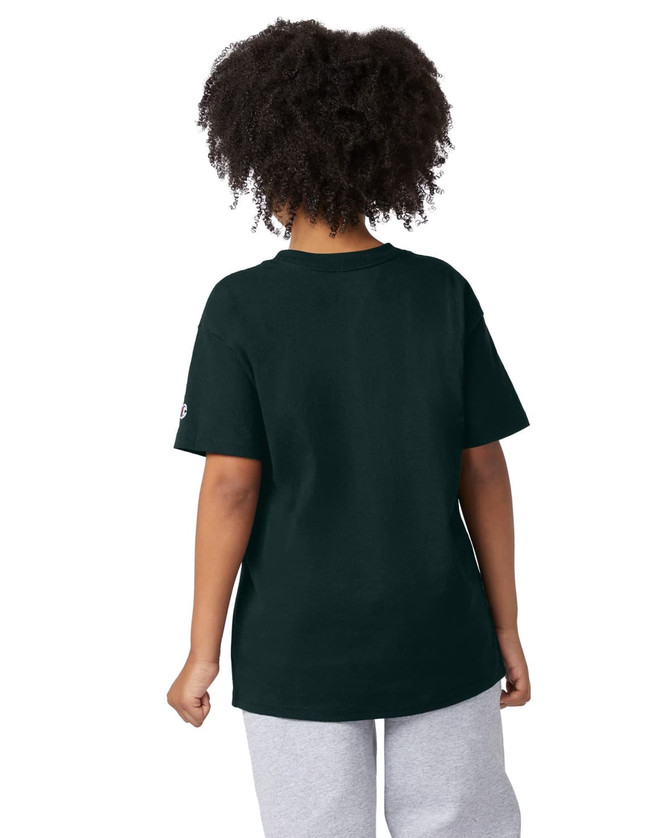A green short sleeve t-shirt with a logo on the sleeve, viewed from the back, worn by a child.