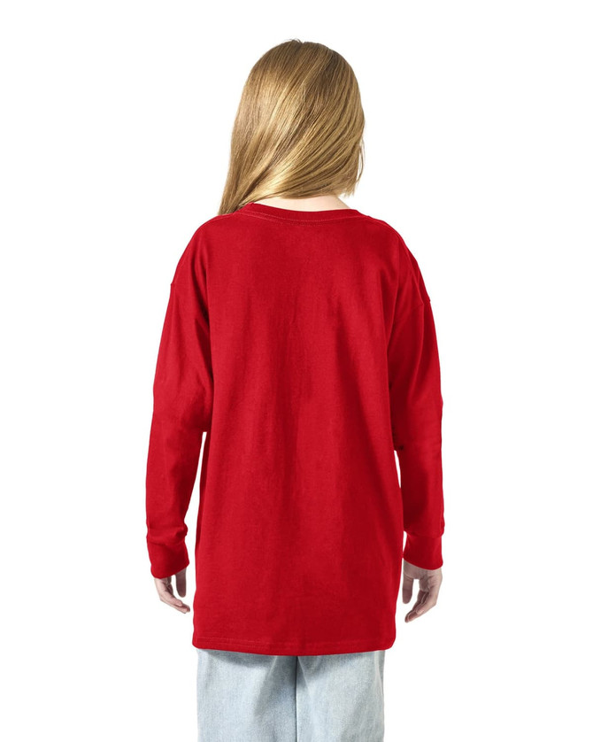 A red long sleeve youth t-shirt, featuring a simple design and a logo on the back.