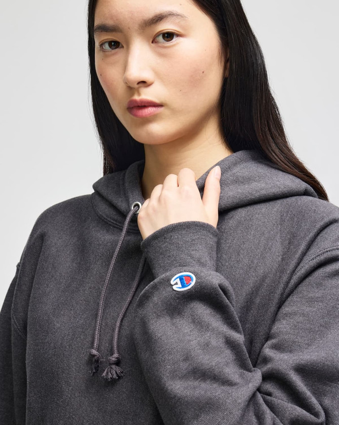 A grey cropped hoodie with a drawstring and a logo on the sleeve, modeled by a woman.