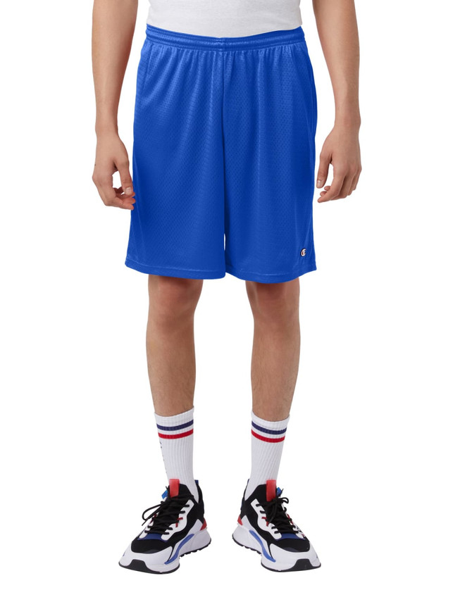 Blue mesh sports shorts with pockets, featuring an elastic waistband. Worn with sporty shoes and socks.