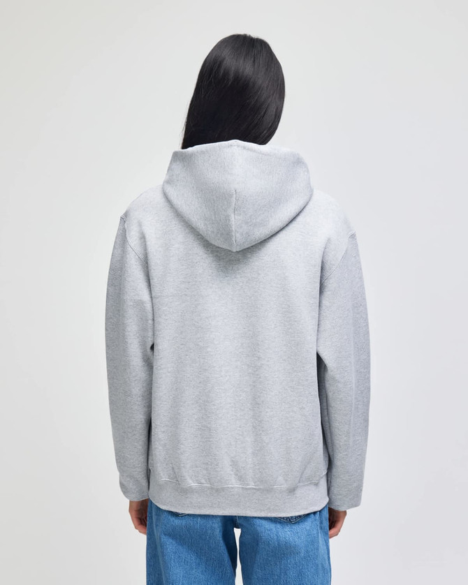 A grey full-zip hooded sweatshirt with a relaxed fit, featuring a spacious hood and kangaroo pocket.