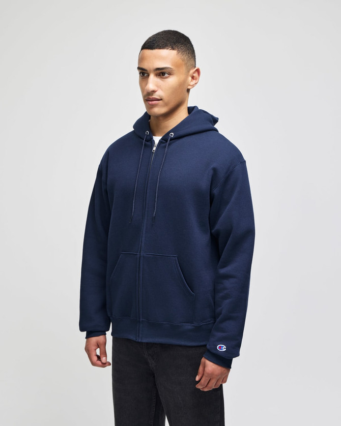 A navy hooded sweatshirt with a full zip, featuring a front pocket and a logo on the sleeve.