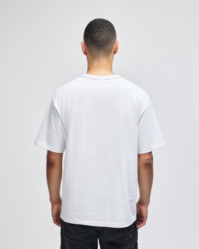 A plain white adult t-shirt, shown from the back, features a relaxed fit and a simple design.