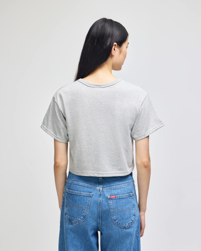 A cropped short sleeve grey t-shirt with a casual fit, featuring a logo on the back. 