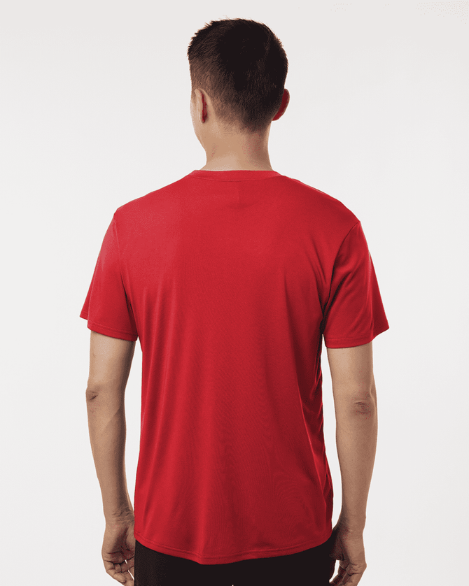 A red men's performance t-shirt, featuring a logo, displayed from the back on a model.