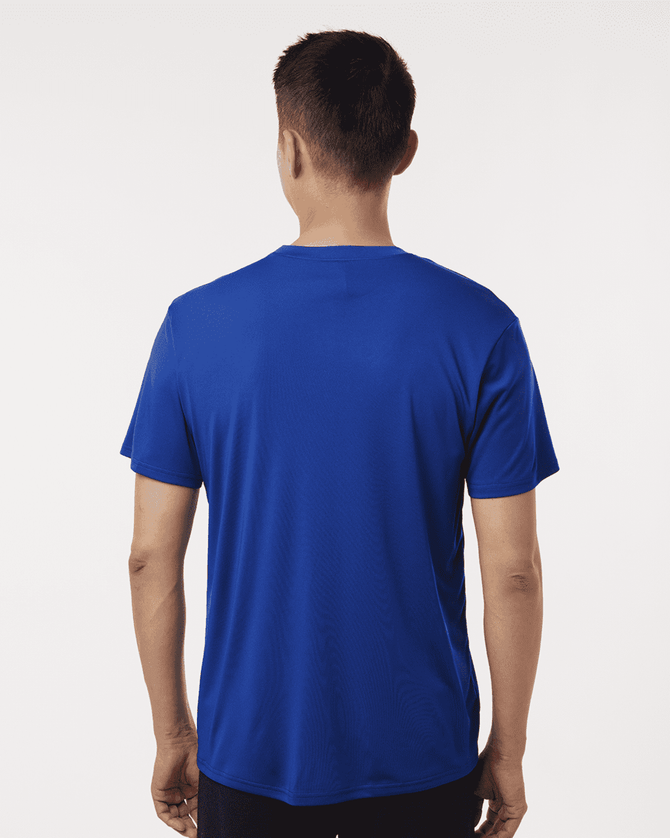 A blue men's performance t-shirt featuring a simple design and a visible logo on the back.