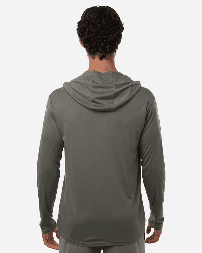 A grey hooded t-shirt for men, featuring long sleeves and a relaxed fit, with a brand logo on the back.