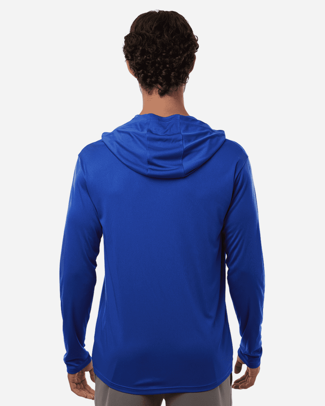 A blue men's hooded performance t-shirt featuring long sleeves and a sleek design. It includes a branding logo.