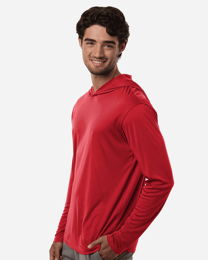 A red hooded t-shirt for men, featuring a lightweight design and a fitted silhouette. Includes a branding logo.
