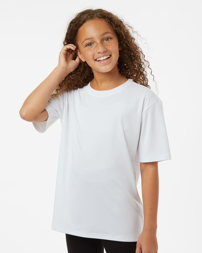 A youth performance T-shirt in white, featuring a relaxed fit and a logo on the front.