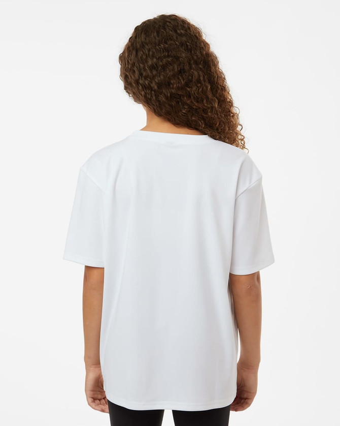 A youth-sized white performance t-shirt with a relaxed fit, featuring a logo on the back.