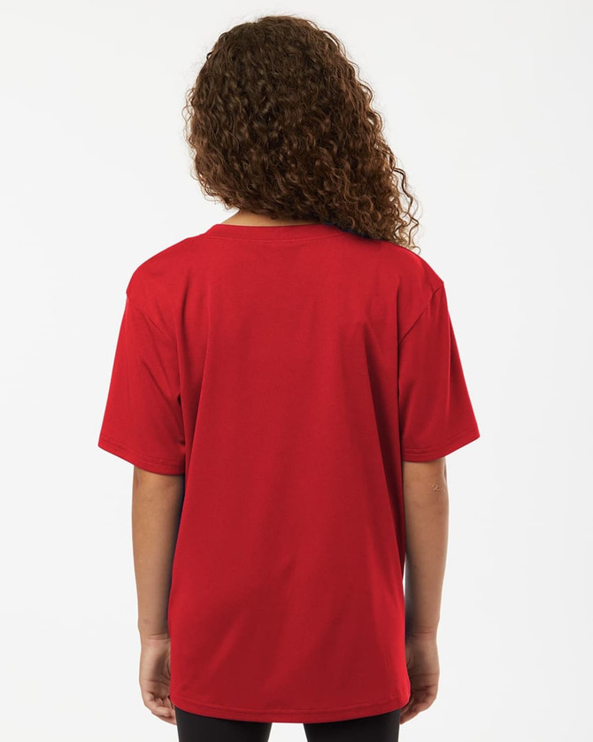 A red Youth Pro-Lock Performance T-Shirt viewed from the back, featuring a simple design and a logo.