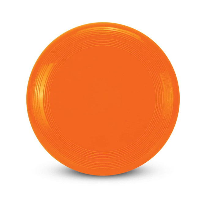 An orange frisbee with a smooth surface and slight ridges around the edge, featuring a logo.