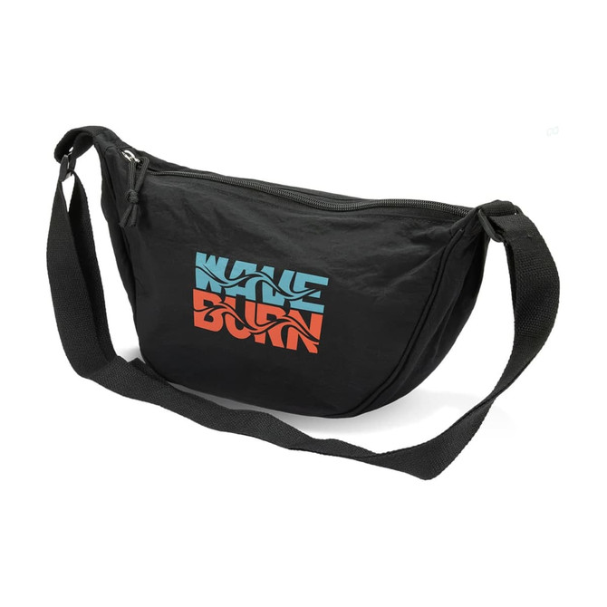 A black shoulder bag featuring a colourful abstract design and a diagonal strap. It includes a logo on the front.